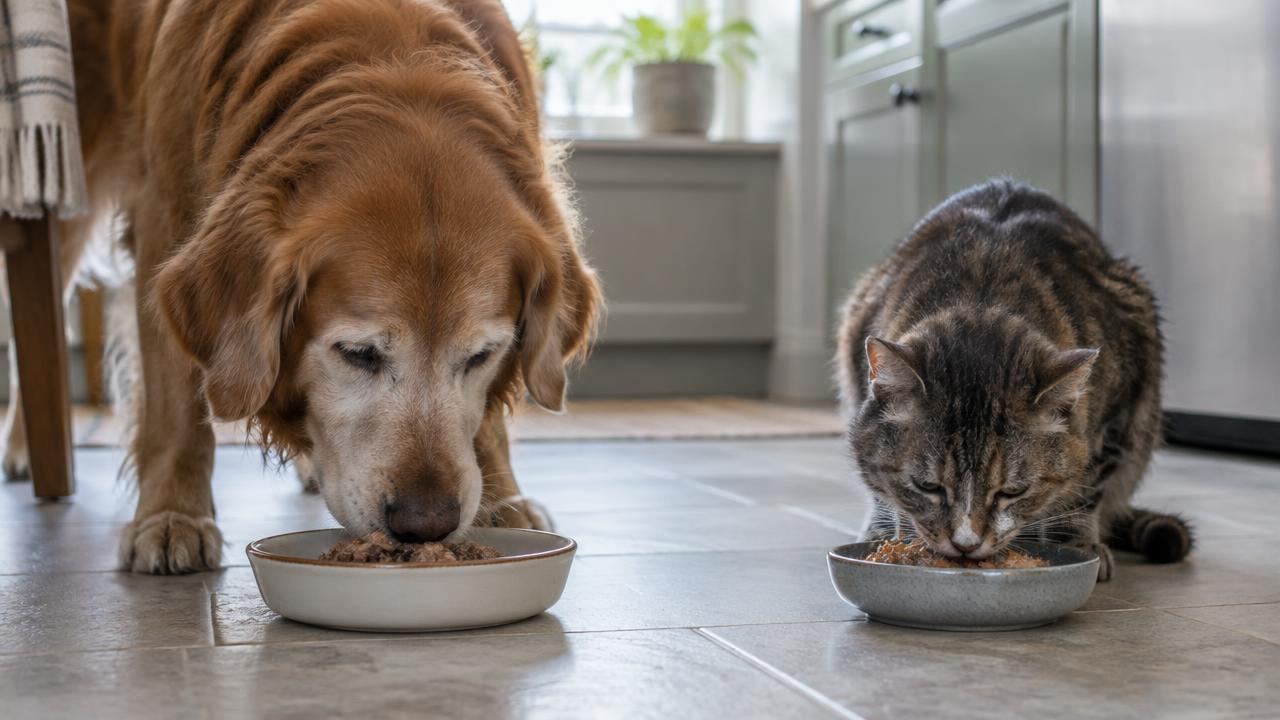 Cão e gato idosos comendo alimento úmido em potes separados